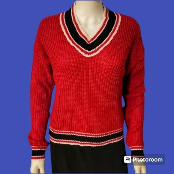 LOVE BY CHESLEY V-Neck Preppy Academia Schoolgirl Varsity Sailor Sweater - Picture 1 of 6